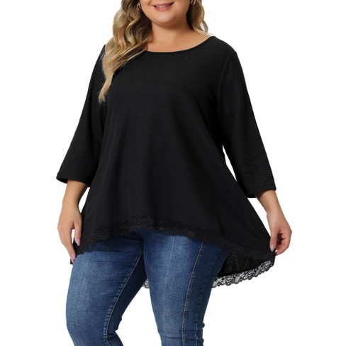 TORRID WOMEN'S BLACK 3/4 LACE RAGLAN SLEEVE HI-LO TOP TEE PLUS Sz 1X 