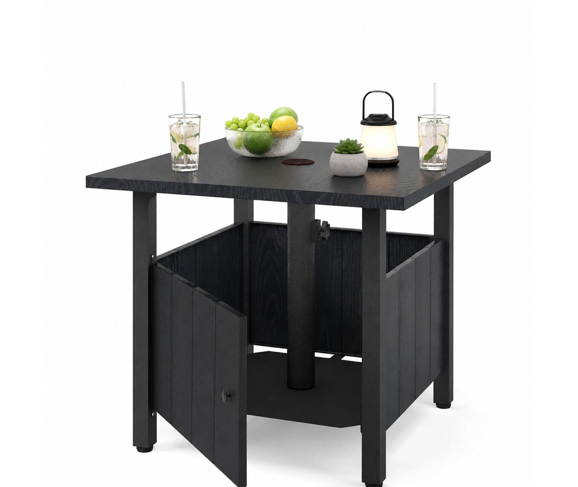 Outdoor Coffee Table with Umbrella Hole and Storage Door, Black