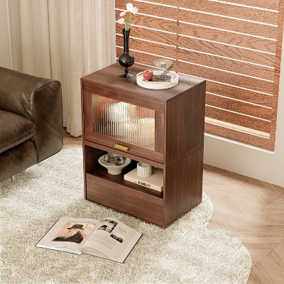 ATJafurn 23.6 Inch Accent Storage Cabinet with Walnut Finish, Free Combination Wooden Sideboard Glass Display Cabinet Nightstand With Drawers