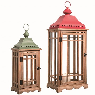 Transpac Wood 28.5 in. Multicolor Christmas Rustic House Slat-Cage Lanterns Set of 2
