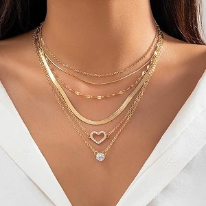 HTUTWOO Gold Layered Necklaces, Boho Rhinestone Heart Pendant Stacked Necklace Set, Personality Snake Bone Chain, Jewelry Gift for Women - 1 of 4