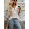 Women's V - Neck Button - Front Striped Waffle Knit Top, Color - Block Long - Sleeve Casual Shirt with Hollow - Out Texture - 3 of 4