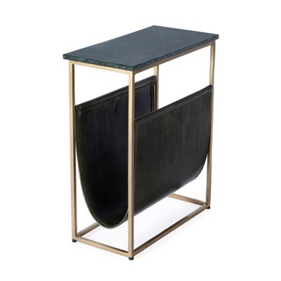 HomeRoots 22" Green and Gold Marble and Iron Frame End Table With Magazine Holder