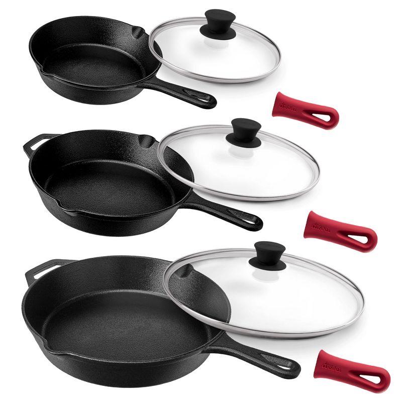 Cuisinel Cast Iron Skillet Set + Glass Lids - 8"+10"+12"-Inch Frying Pans + Silicone Handle Holder Covers, 1 of 4