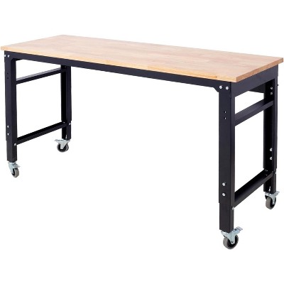 Workbench Wide Rolling Workbenches Adjustable Height, Workshop Tool Bench, Metal with Rubber Wood Top Work Station for Garage Indoor Office 60 inches