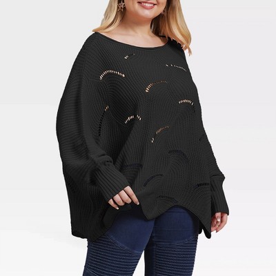 Plus Size Sweater for Women - Pointelle Knit Round Neck Pullover with Long Sleeve and Off Shoulder, Loose Fit Oversized Tops for Winter
