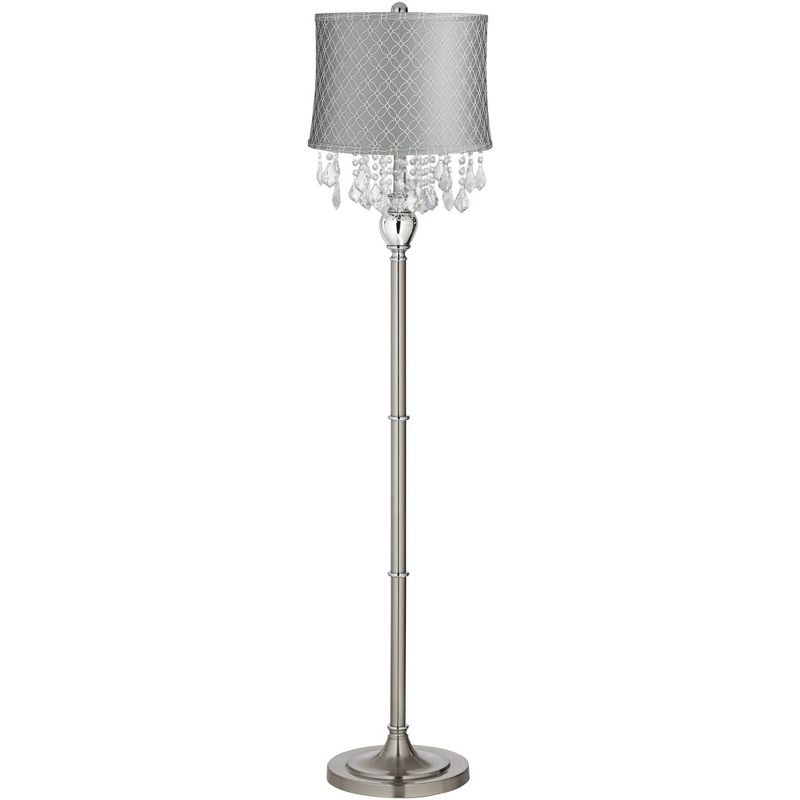 360 Lighting Traditional Chandelier Floor Lamp 62.5" Tall Satin Steel Crystals An Qing Gray Drum Shade for Living Room Reading Bedroom Office, 1 of 5