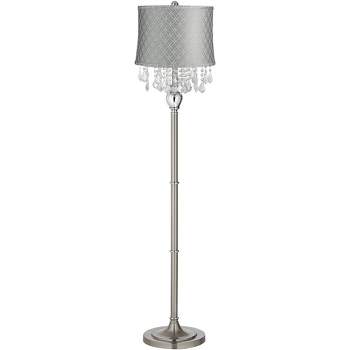 360 Lighting Traditional Chandelier Floor Lamp 62.5" Tall Satin Steel Crystals An Qing Gray Drum Shade for Living Room Reading Bedroom Office