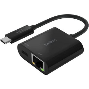 Belkin USB-C To Ethernet with Charge Adapter - Gigabit Ethernet Port Compatible with USB-C Devices Black INC001btBK - 1 of 2