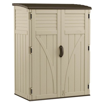 Suncast Large Vertical Shed with Multi Wall Design and Adjoining Door Handles, for Storing Oudoor Gear, Tools, and Equipment, Sand