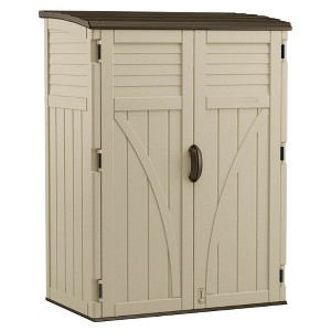 Suncast Large Vertical Shed with Multi Wall Design and Adjoining Door Handles, for Storing Oudoor Gear, Tools, and Equipment, Sand - 1 of 4