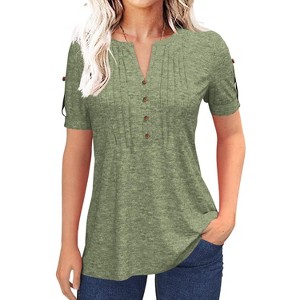 Imily Bela Women's Summer Pleated Button Short-Sleeve T-Shirt, Solid Color V-Neck Casual Top - 1 of 4