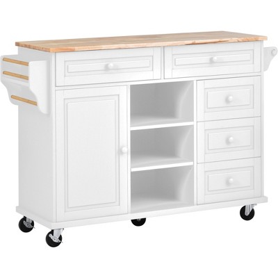 Bella Depot 53" Rolling Kitchen Island with Rubber Wood Top and 5 Drawers