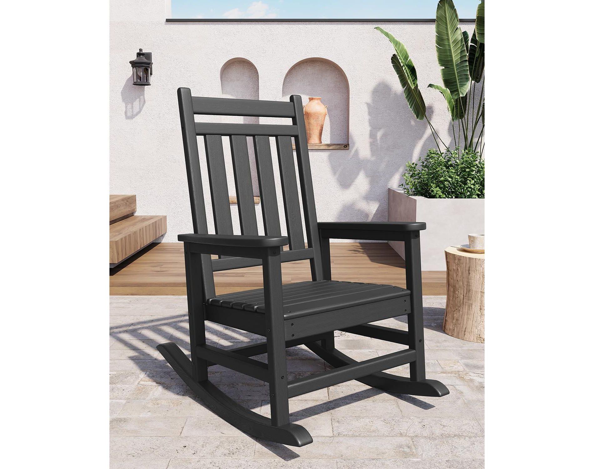Acekool 2-Piece Outdoor Rocking Chair Set – HDPE Weather-Resistant Adirondack Rockers with Wood Texture, 380 lbs Capacity, Black