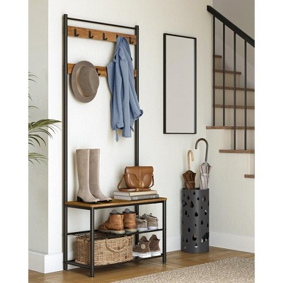 Rustic Brown and Black Hall Tree with Storage Bench