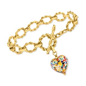 Ross-Simons Italian Multicolored Murano Glass Heart Bracelet in 18kt Gold Over Sterling - 1 of 4