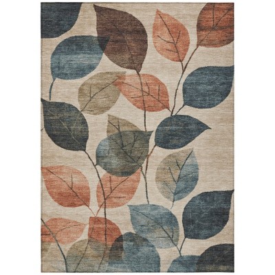 Beige Copper And Denim Blue Floral Washable Indoor Outdoor Area Rug