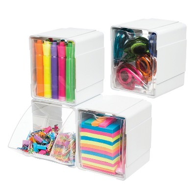 White and Clear Plastic Stackable Storage Tilt Bins, 4-Pack