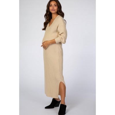 PinkBlush Beige V-Neck Ribbed Maternity Sweater Dress