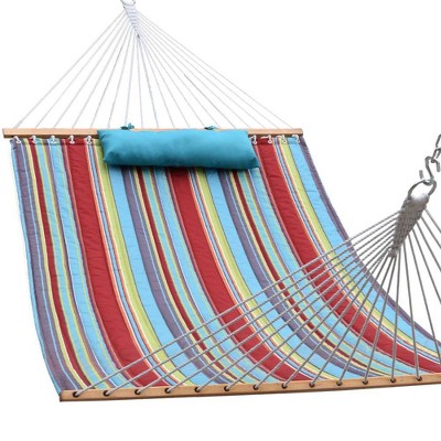 12' Quilted Fabric Double Hammock with Spreader Bar & Detachable Pillow Blue/Red - Wedohome