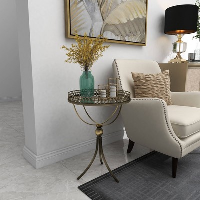 Gold Brass Round Metal and Glass Accent Table