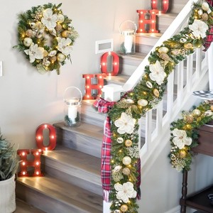 6ft Prelit Christmas Garland with Lights for Mantle,Battery Operated with Magnolia Flowers Gold Balls,Decoration for Fireplace Stair Railing TV Stand - 1 of 4