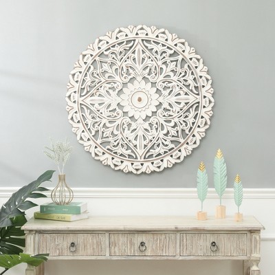 Distressed White and Brown Wood Floral Mandala Wall Art