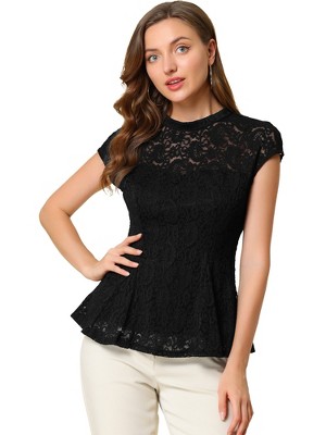 INSPIRE CHIC Women's Mock Neck Cap Sleeve Crochet Lace Peplum Blouse