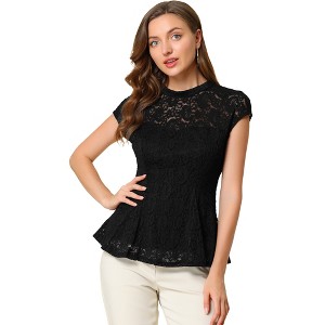 INSPIRE CHIC Women's Mock Neck Cap Sleeve Crochet Lace Peplum Blouse - 1 of 4