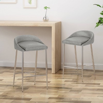 Set of 2 Gray Upholstered Counter Stools with Chrome Legs