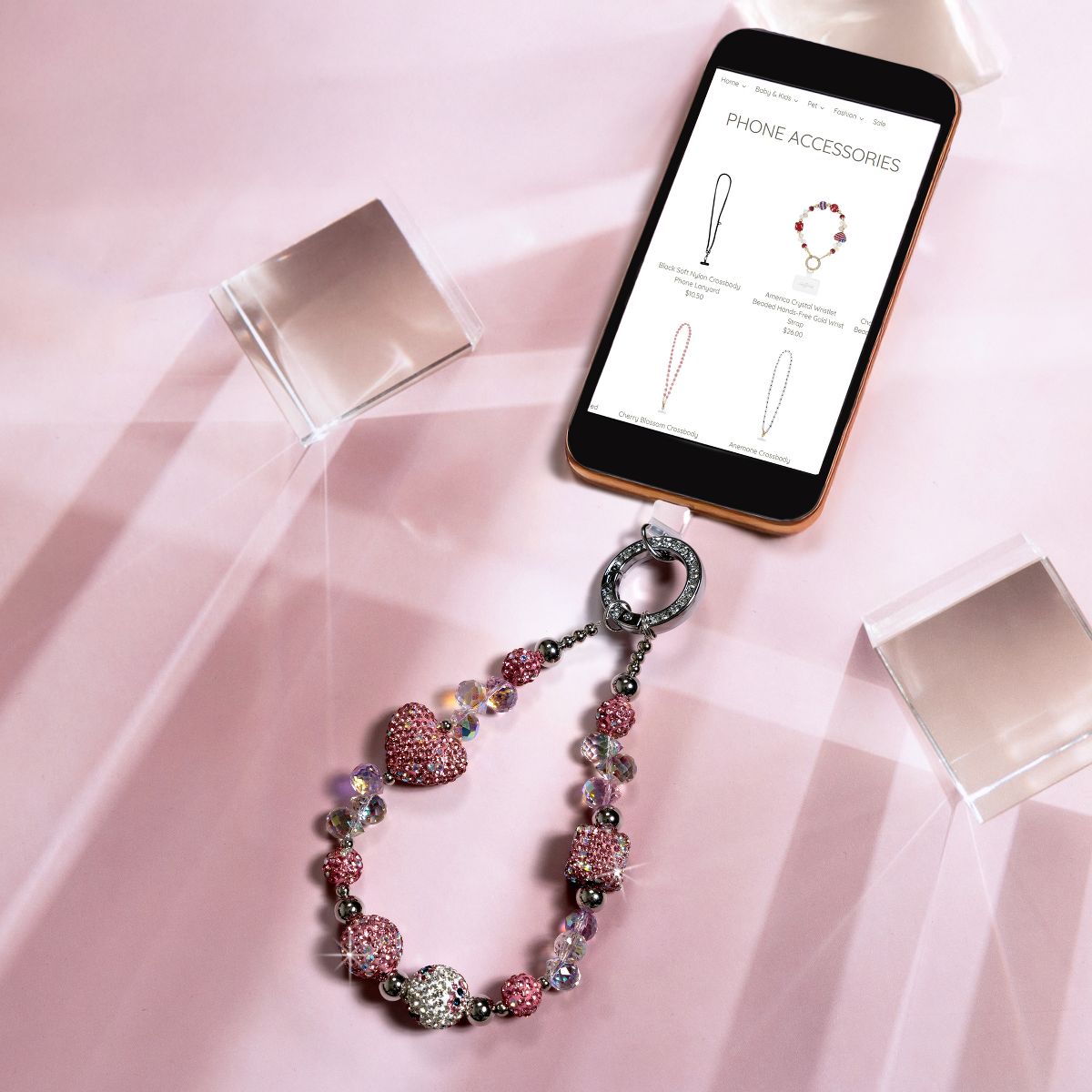 Pavilion Gift Company - Pink Crystal Wristlet - Beaded Hands-Free Silver Wrist Strap - Cell Phone Accessories - thumbnail 2