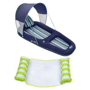 Aqua Leisure Luxury Inflatable Pool Float w/ Removable Canopy, Blue Stripe & Monterey Inflatable 4-in-1 Pool Hammock Floating Lounger, Lime Green - 1 of 4