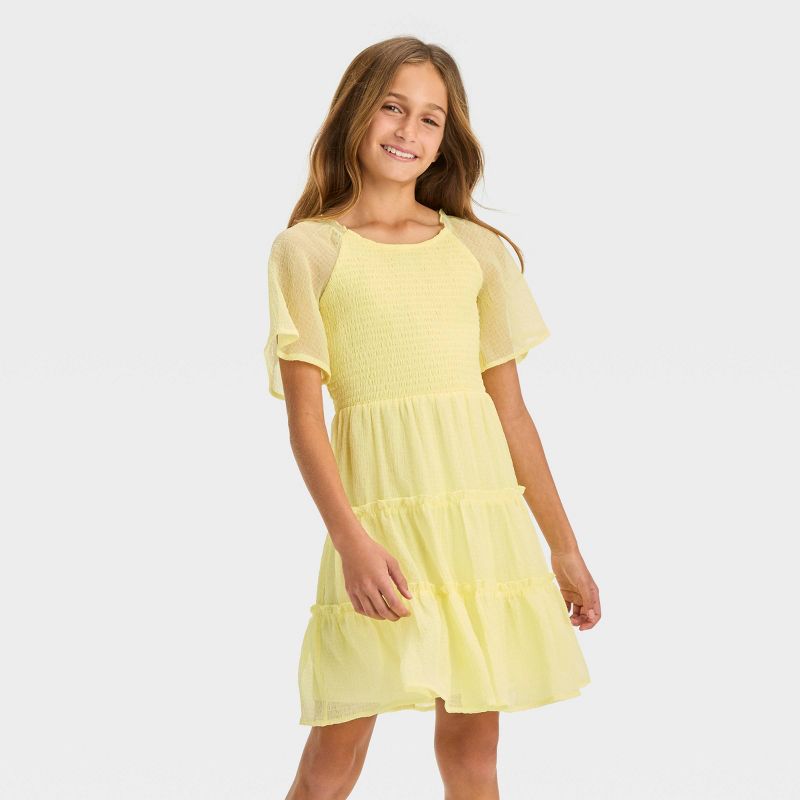 Girls' Smocked Bodice Flutter Sleeve Textured Dress - art class™, 1 of 5
