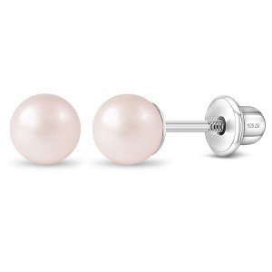 Girl's Pink Tone Pearls Screw Back Sterling Silver Earrings - In Season Jewelry - 1 of 4