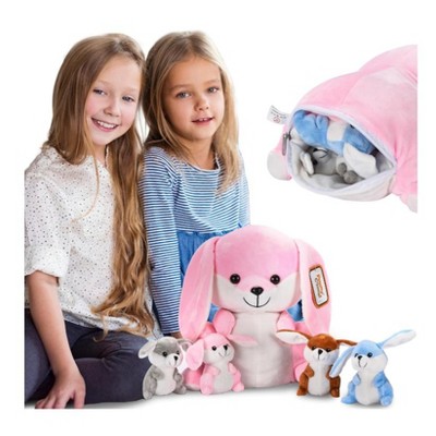 Pink Plush Bunny with Four Baby Rabbits Set