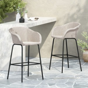 Set of 2 Outdoor Wicker Bar Stools with Armrests and Metal Legs, Counter Height Chairs for Patios, Poolside Bars, or Compact Kitchens-The Pop Home - 1 of 4