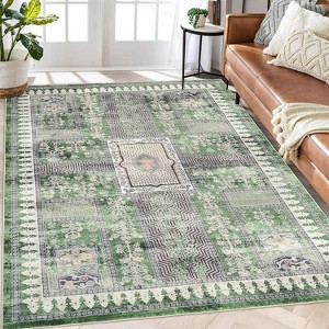 8x10 Washable Rug – Vintage Low-Pile Floral,Non-Slip,Stain-Resistant, Non-Shedding, Foldable Floor Cover for Living Room, Nursery,or Bedroom, Green - 1 of 4