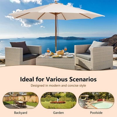 Beige 10ft Wooden Market Umbrella with Pulley System and Fabric Canopy