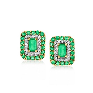 Ross-Simons 0.90 ct. t.w. Emerald and .16 ct. t.w. Diamond Earrings in 14kt Yellow Gold - 1 of 4