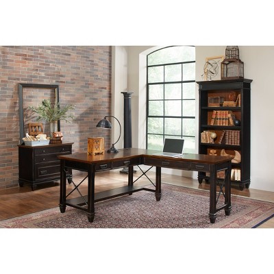 Traditional Corner Computer Desk in Black with Keyboard Tray and Power Outlets