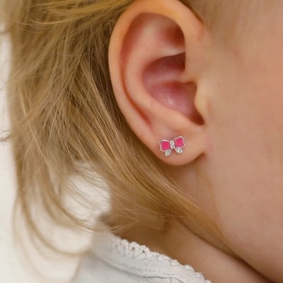 Pretty in Pink Bow Baby / Toddler / Kids Earrings Screw Back Enamel -  Sterling Silver