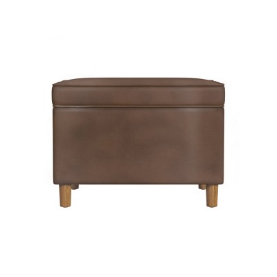24" Dark Brown Faux Leather Storage Ottoman with Honey Oak Legs