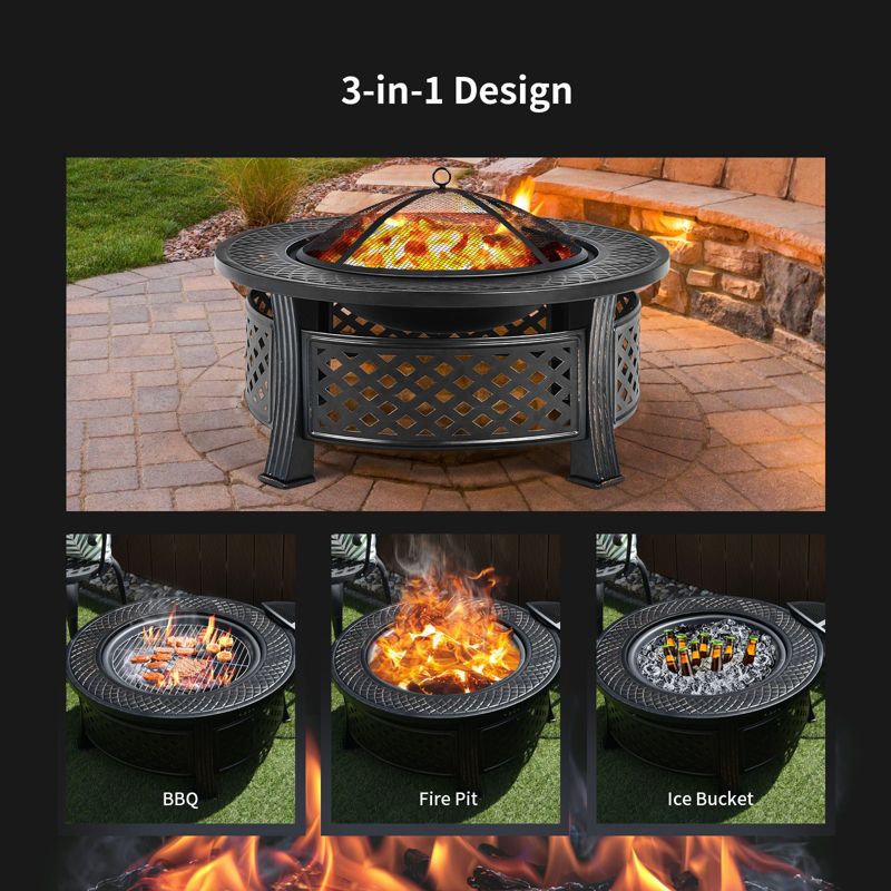 Tangkula 3-in-1 Round Fire Pit Set 32 Inch Round Wood Burning Firepit Table Multifunctional Metal Firepit Stove, 3 of 9