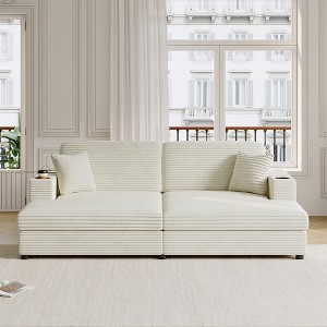 Whisen 86" Oversized Loveseat Chaise Lounge Sectional Sofa Bed Corduroy Sleeper Sofa with USB Ports, Cup Holders and Throw Pillows - 1 of 4