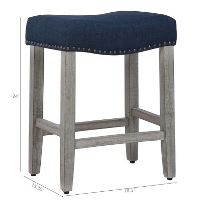 Navy Blue 24" Wooden Saddle Bar Stool with Linen Upholstery