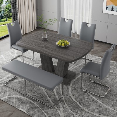 6-Piece Modern Dining Table Set Dining Set with 4 PU Upholstered Chairs, Bench and Faux Marble Table with V-shaped Legs, Gray/White-ModernLuxe