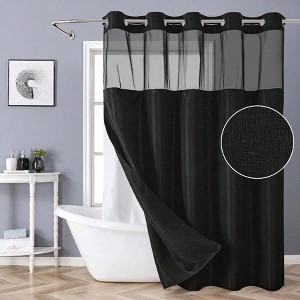 Black No Hook Shower Curtain with Snap - in Fabric Liner Set, Slub Textured Fabric Shower Curtain Bathroom Hotel - 1 of 4