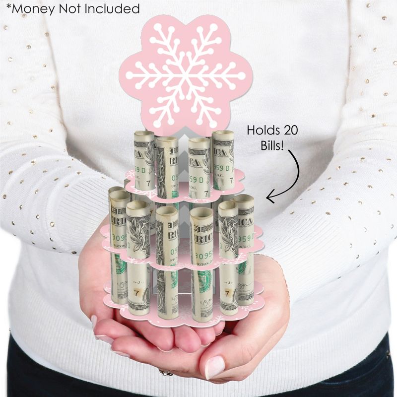 Big Dot of Happiness Pink Winter Wonderland - DIY Holiday Snowflake Birthday Party and Baby Shower Money Holder Gift - Cash Cake, 3 of 8
