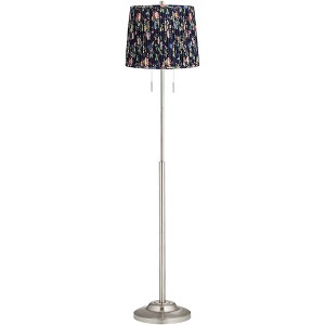 360 Lighting Abba Modern 65" Tall Standing Floor Lamp Skinny Pole Twin Pull Chain Silver Metal Brushed Steel Finish Bedroom Pleated Navy Blue Shade - 1 of 4