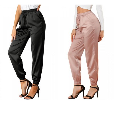 Allegra K Women's Drawstring Elastic Waist Ankle Length Satin Joggers with Pocket 2 Pcs